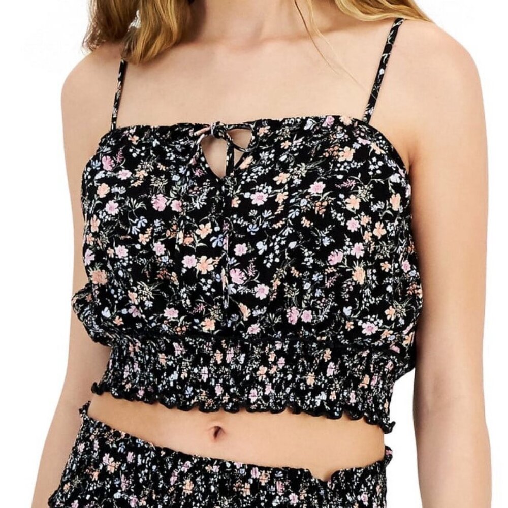 NEW! Hippie Rose Floral Crop Top Spaghetti Straps Medium Black Rayon‎ Multicolor